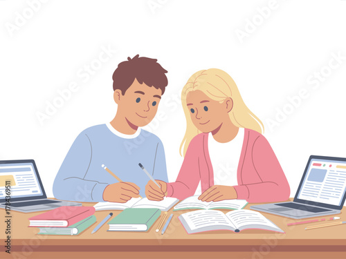 Two Diverse College Students Collaborating on Homework or Study Project with Laptops and Books