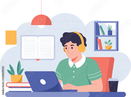 Happy Young Man Studying Online or Working from Home Desk with Laptop and Headphones