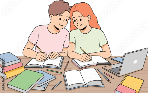 Happy Young Couple or Friends Studying Together and Taking Notes at Desk - Focused Learning