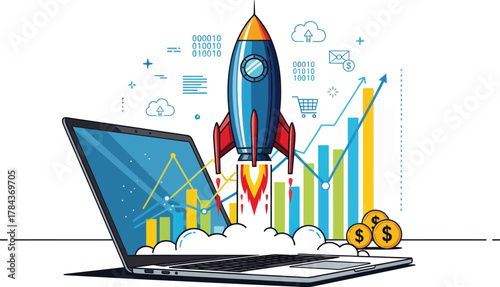 Ignite your business growth with a vibrant illustration of a rocket launching from a laptop, symbolizing financial success and innovative technology solutions