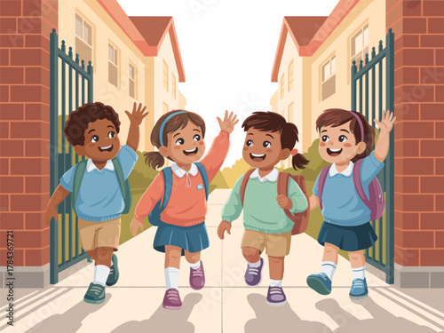 Happy Diverse Group of Young School Children Waving and Walking Through School Gate