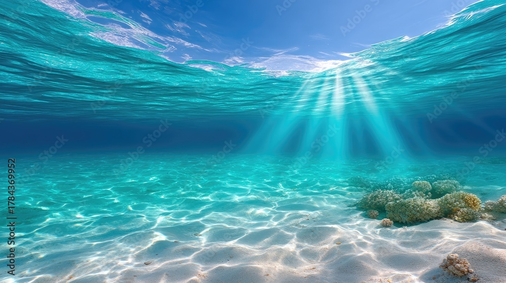 Fototapeta premium Sunlight Filtering Through Clear Turquoise Ocean Water Illuminating Sandy Seabed With Coral Reef Shallows And Distorted Sky Reflections Above