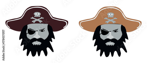 Pirate face illustration with hat skull symbol and eye patch design
