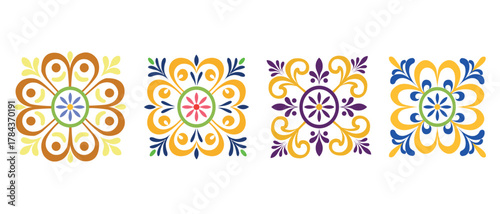 Colorful ornamental tile pattern illustration with floral and geometric design
