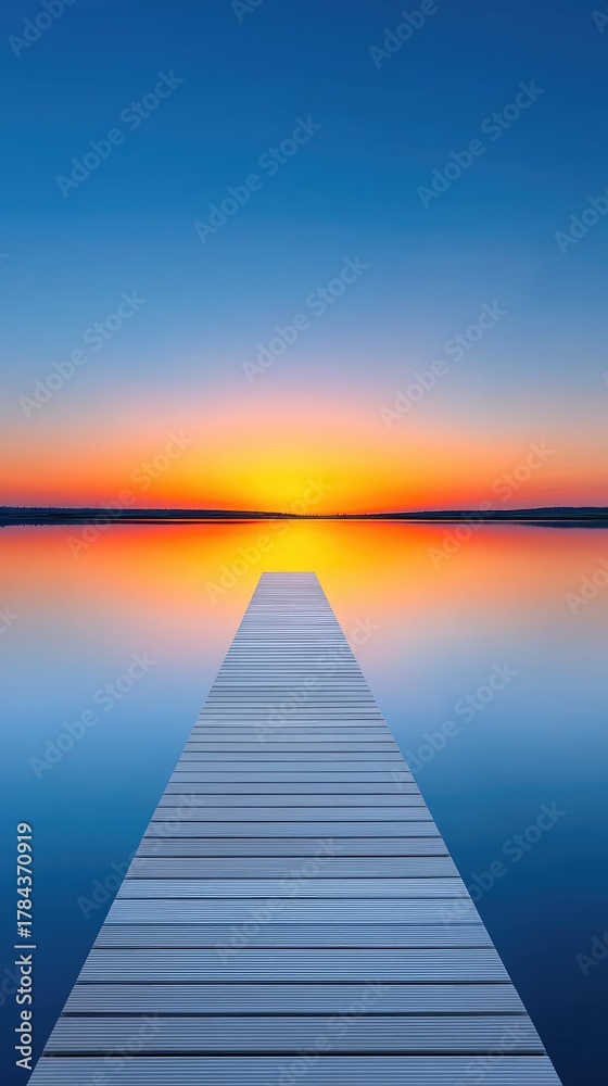 Obraz premium Wooden pier stretches across calm water towards vibrant orange sunset reflecting on the glassy surface under a clear blue sky