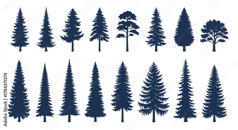 Fototapeta premium Diverse collection of dark blue tree silhouettes, including various evergreen conifers like firs, spruces, and pines, along with a deciduous tree.