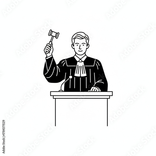 Judge Holding Gavel in Robe Behind Lectern Illustration