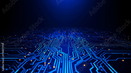 Abstract blue circuit board with glowing connections and data transmission lines technology background