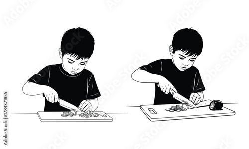 Young boy learning to safely chop vegetables in the kitchen with a knife.