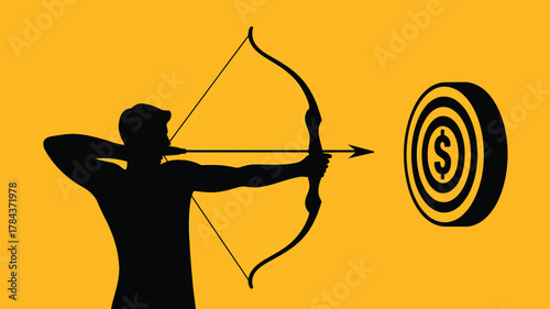 Achieve financial goals with focused strategy, powerful archer aiming arrow at dollar sign target, success in business and investment, wealth creation