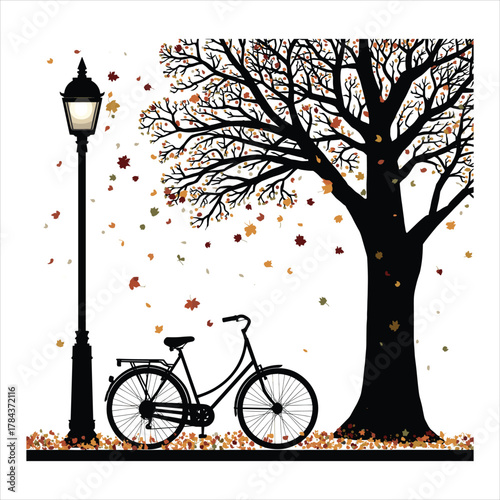 Vintage bicycle with a wicker basket parked under a tree with golden autumn leaves. Peaceful park setting by a calm river. Concept of fall season, cycling, and outdoor relaxation. Generative AI
