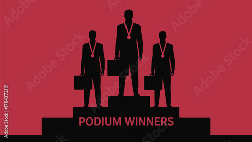 Celebrate business triumph with these leaders standing tall on the podium, wearing medals and holding briefcases, illustrating career success