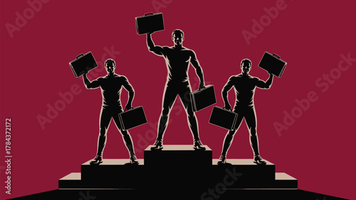 Triumphant business team celebrating victory on stage with briefcases, symbolizing success and leadership in a competitive corporate environment