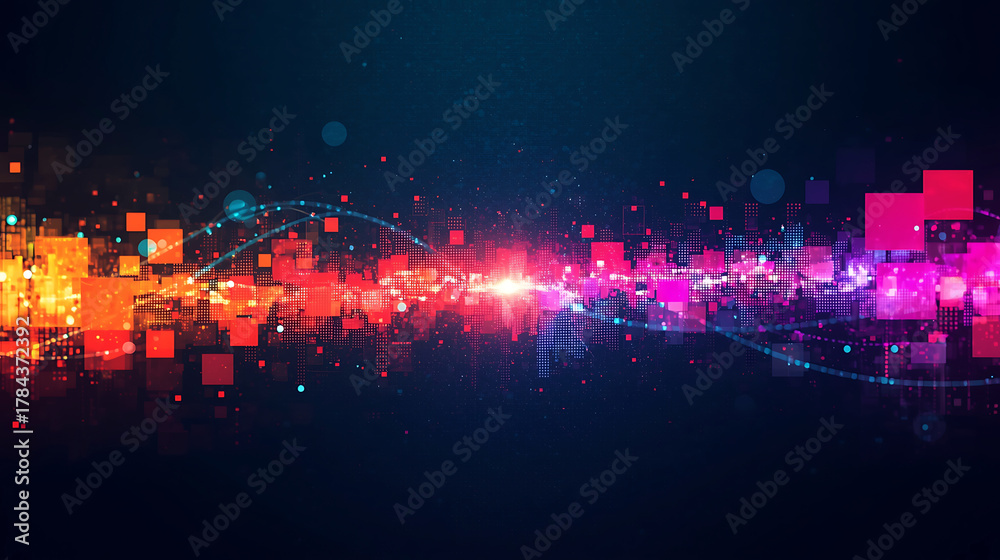 Obraz premium Abstract data visualization with glowing squares and connecting lines in a colorful digital world