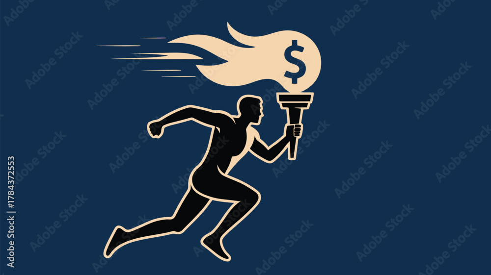 Fototapeta premium Dynamic runner carrying financial torch, symbol of ambition and success in business, leading the way to profits and wealth creation with speed