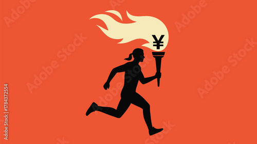 Driven to financial success, a silhouette runs with the yen currency symbol torch, symbolizing economic growth and prosperity in a vibrant illustration