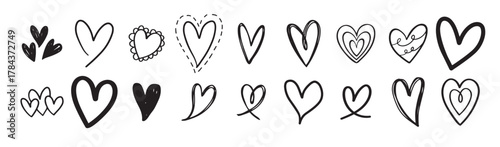 Set, collection of various brush, chalk, marker drawn line heart shapes, silhouettes, outlines. Valentines day many templates. Uneven, rough, textured edge. Hand drawn, handwritten design elements.