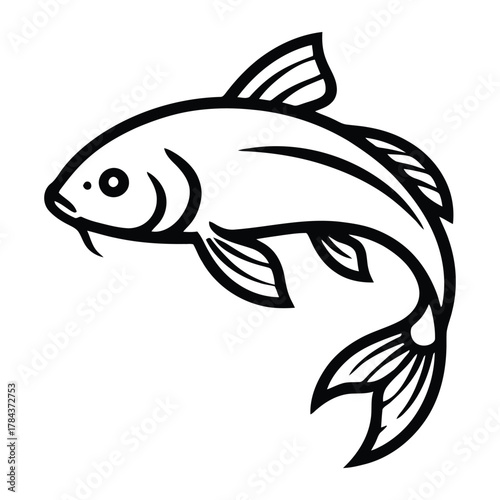 Black outline of a koi fish swimming on a white background carp animal