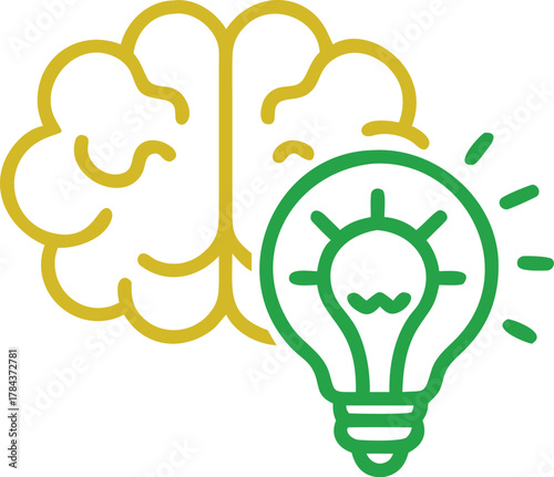 An icon that represents a brainstorm or a creative idea. A brain with a green outline bulb.