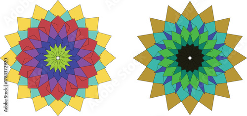 Colorful geometric mandala vector art with overlapping polygon layers, abstract floral symmetry, and vibrant modern design — perfect for digital decoration, meditation art, and creative backgrounds.