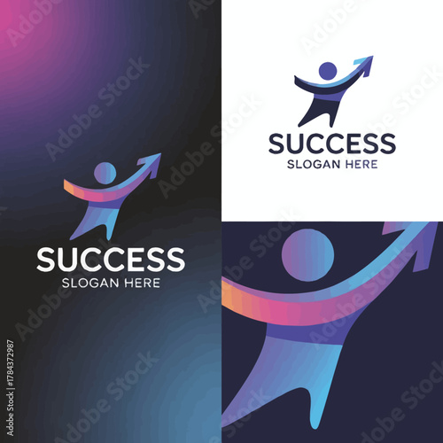 Modern Success and Achievement Logo Design: Dynamic Human Figure with Upward Arrow in Vibrant Blue and Purple Gradient
