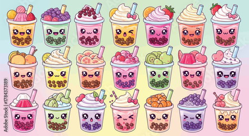 Adorable boba tea collection with cute faces and fruit toppings, perfect for whimsical designs and playful branding projects that need a touch of sweetness