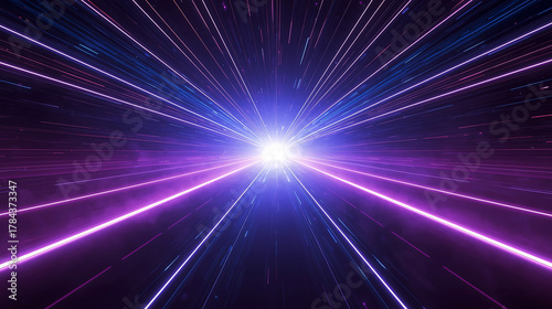 Abstract hyperspace jump background with neon light rays shining and traveling through space