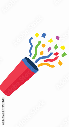 A colorful party popper with confetti and streamers bursting out, celebrating.