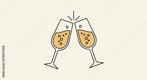 Two champagne glasses clinking together in a toast with sparkling bubbles.
