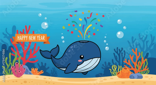 A cute cartoon whale celebrates the New Year underwater with a spout of colorful confetti.