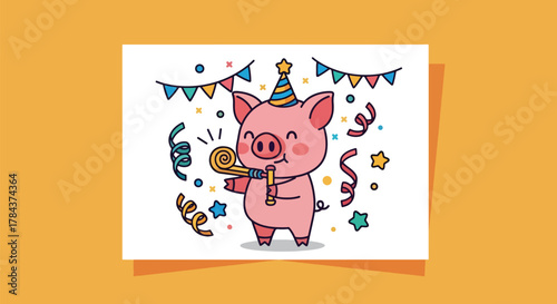 Cute cartoon pig celebrating a party with a hat, blower, banners, and confetti.