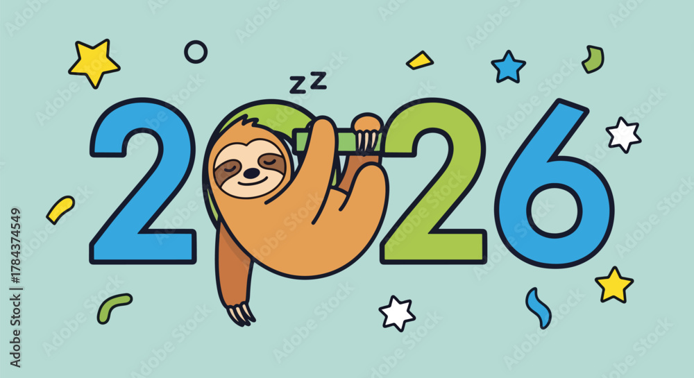 Naklejka premium A cartoon sloth sleeps on the number 0 in the year 2026, surrounded by stars and confetti.