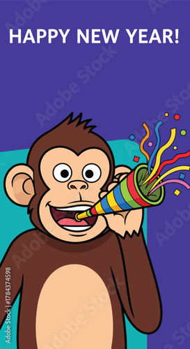A cartoon monkey celebrating the New Year by blowing a party horn with colorful streamers.