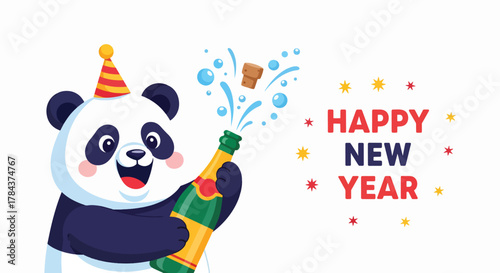 A cute cartoon panda in a party hat celebrates with a popping champagne bottle for a Happy New Year greeting.