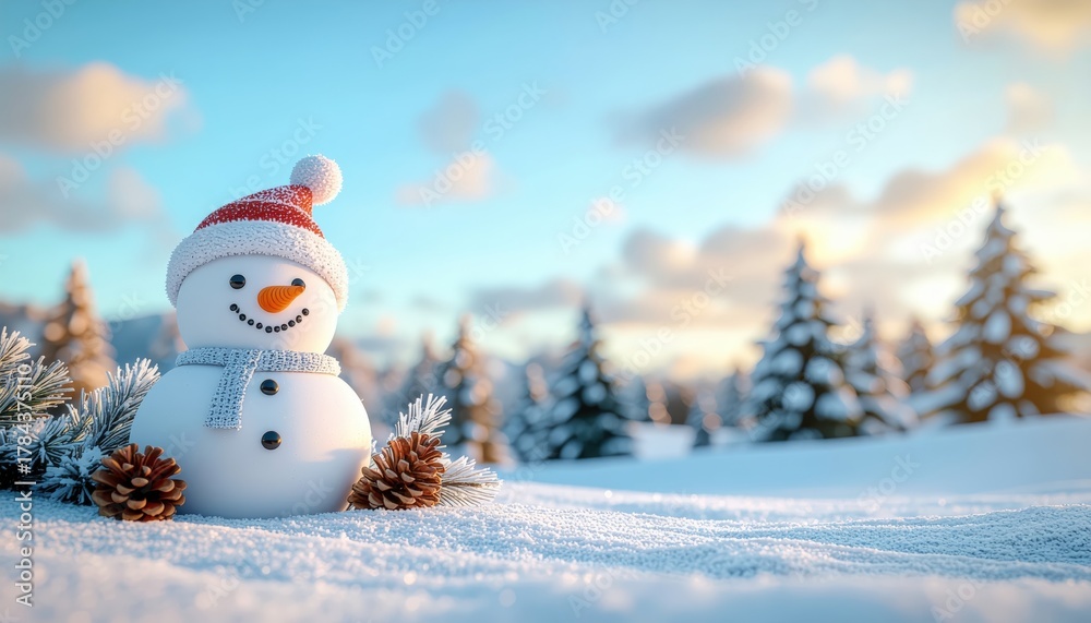 Obraz premium Winter wonderland cheerful snowman surrounded by pine trees scenic landscape calm environment daytime view