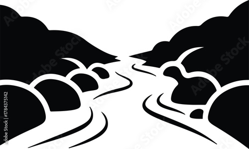 Vector simple mountain river landscape monochrome black and white silhouette illustration
