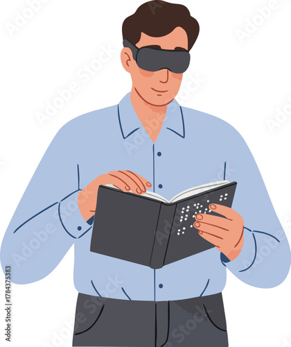 Man wearing a blindfold reads a braille book with his hands.
