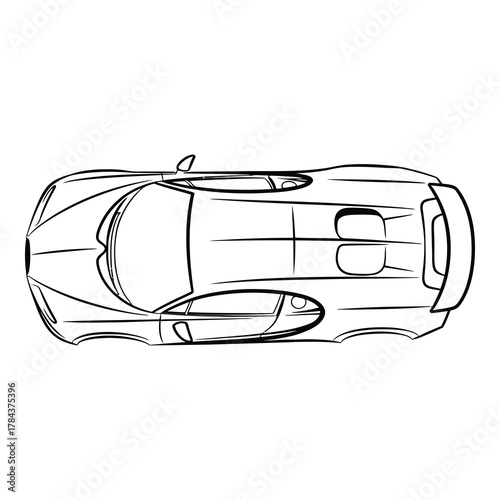 Top view of a sleek black and white sports car isolated on white background, showcasing its aerodynamic design and powerful presence on the road