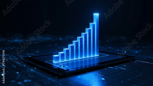 Futuristic bar graph on tablet symbolizing growth and success in the digital age