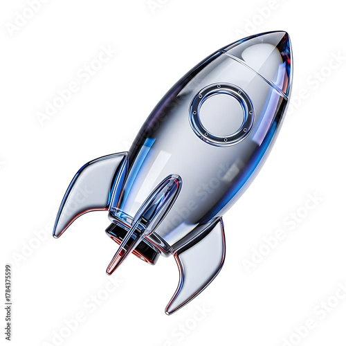 A beautifully rendered 3D illustration of a futuristic glass rocket ship, reflecting vibrant colors and symbolizing technological advancement and startup launches