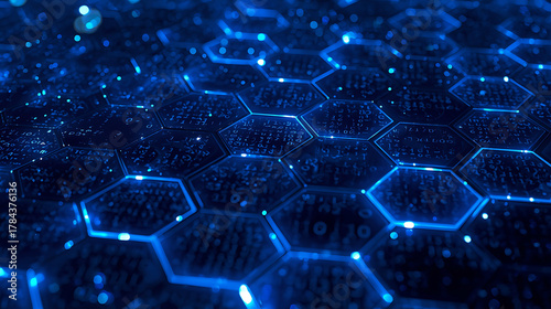 Obraz na płótnie Futuristic dark blue technology network with glowing hexagons and binary code background image