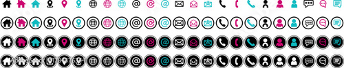 Contact info icon set. Line art and flat shape in different style icon set on call, web, mail, message, location, internet, chat, website, e-mail and etc. for graphic design elements