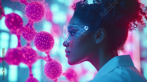 A scientist explores molecular structures under vibrant lighting. The intricate details reveal the beauty of science. Innovation drives the future forward. Generative AI