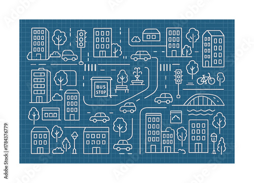 Blueprint map of urban area with roads, cars, buildings, and parks