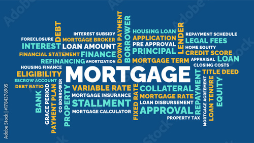 Mortgage word cloud design, housing finance terms and home property illustration