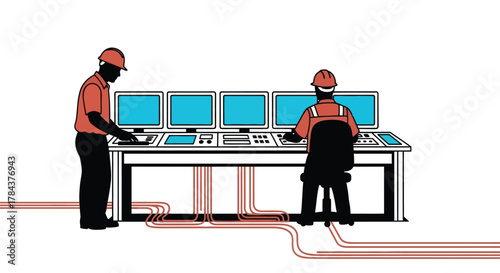 Industrial control room operators monitoring system workstation