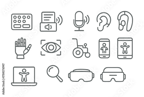 Assistive technology icons: hearing, vision, mobility, speech, virtual reality