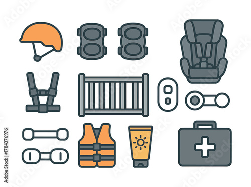 Child safety equipment set: helmet, car seat, baby gate, sunblock, first aid kit and more