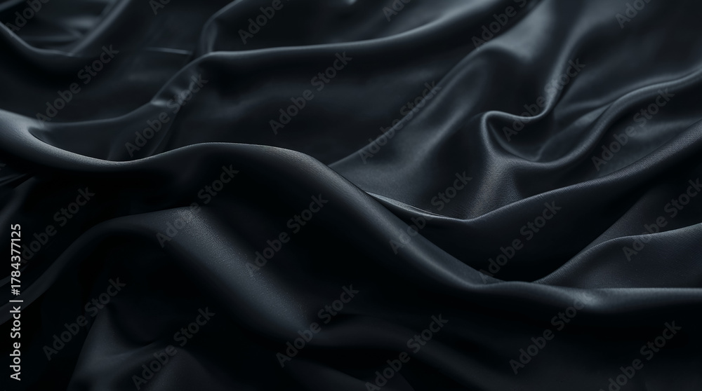 Fototapeta premium Elegant black silk fabric background with flowing folds and waves