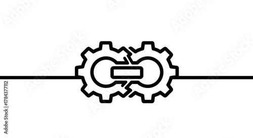 Two interconnected gears in a minimalist line art style, symbolizing connection, teamwork, and mechanical processes. This editable black stroke vector illustration on a clean white background is
